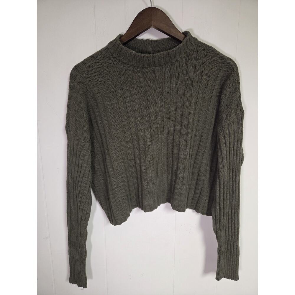 American Eagle Chunky Knit Crop Sweater Olive Green Crewneck Size Small